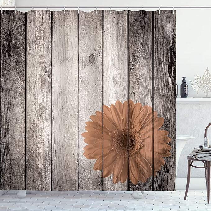Ambesonne Rustic Shower Curtain, Flower Red Dahlia on Foreground of Murky Featured Dated Wooden Board Retro Art Print, Cloth Fabric Bathroom Decor Set with Hooks, 69" W x 75" L, Almond