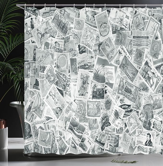 Ambesonne Modern Shower Curtain, Vintage Black and White Image of Large World Postage Stamps Travel Hobby Theme Artwork, Cloth Fabric Bathroom Decor Set with Hooks, 69" W x 70" L, Grey