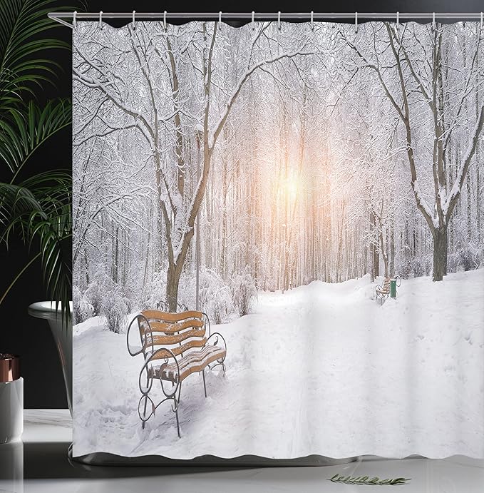 Ambesonne Winter Shower Curtain, Snowy Leafless Trees and Benches in The City Park Sunset Woodland Outdoors, Cloth Fabric Bathroom Decor Set with Hooks, 69" W x 70" L, Orange White