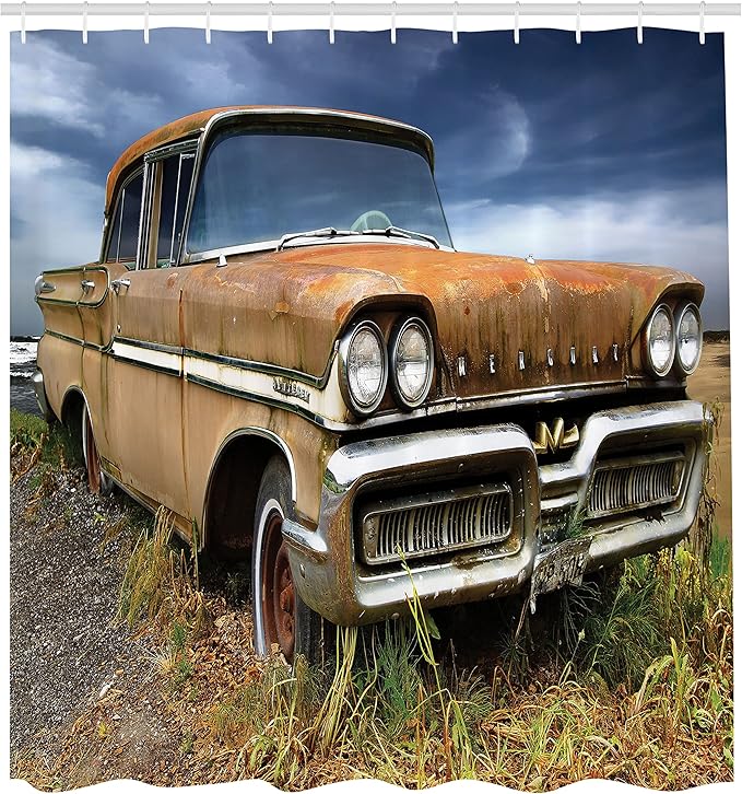 Ambesonne Manly Shower Curtain, Picturesque Rural Landscape Old Fashioned Rusty Abandoned Car Countryside, Cloth Fabric Bathroom Decor Set with Hooks, 69" W x 75" L, Night Blue Umber Tan