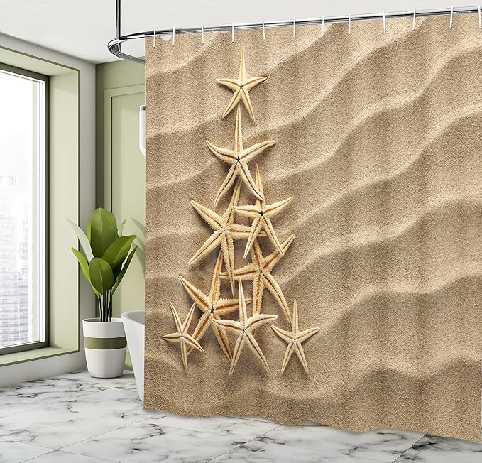 Ambesonne Starfish Shower Curtain, Christmas Tree from Shells on The Sand Maritime Summer Coast Holiday Vacation, Cloth Fabric Bathroom Decor Set with Hooks, 69" W x 75" L, Beige