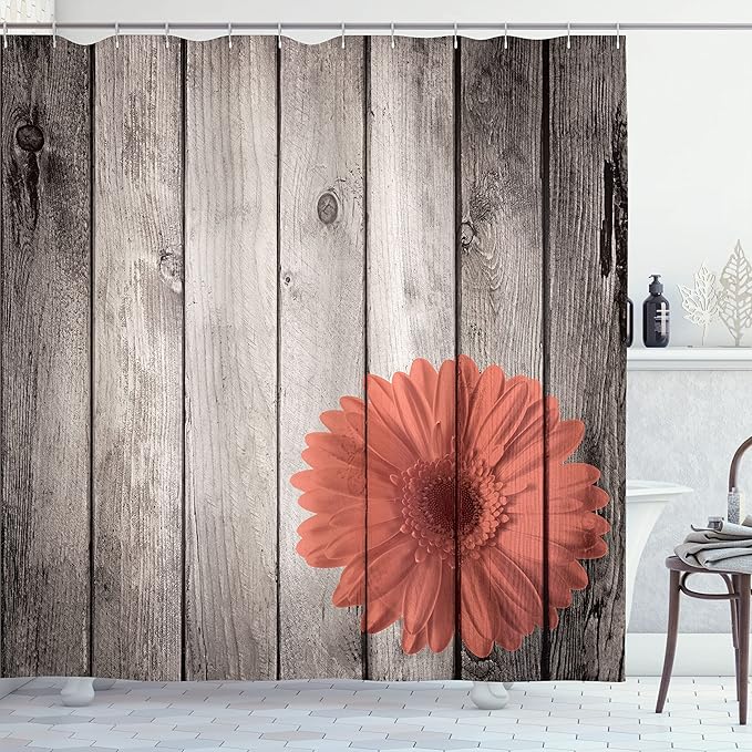 Ambesonne Rustic Shower Curtain, Flower Red Dahlia on Foreground of Murky Featured Dated Wooden Board Retro Art Print, Cloth Fabric Bathroom Decor Set with Hooks, 69" W x 70" L, Salmon