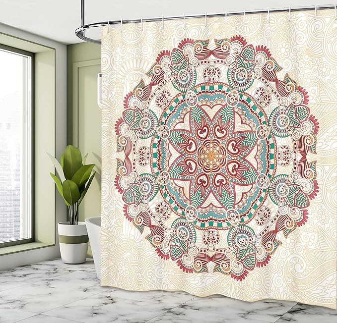 Ambesonne Mandala Shower Curtain, Oriental Mandala Vintage Style Boho Art Geometric Forms Pattern Image, Cloth Fabric Bathroom Decor Set with Hooks, 69" W x 70" L, Red Cream Green