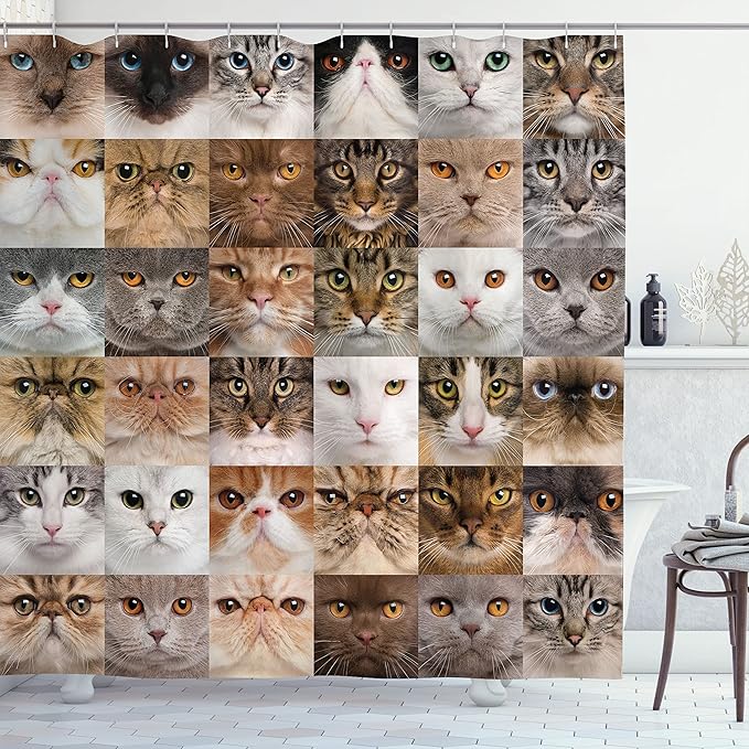 Ambesonne Cat Lover Shower Curtain, Collage of Cat Heads Breed British Shorthair Chartreux Turkish Angora, Cloth Fabric Bathroom Decor Set with Hooks, 69" W x 84" L, Brown White