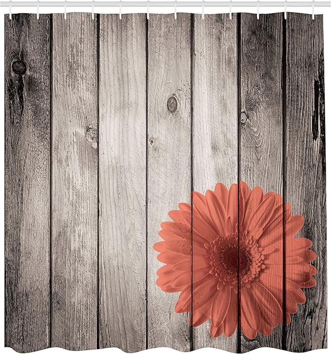 Ambesonne Rustic Shower Curtain, Flower Red Dahlia on Foreground of Murky Featured Dated Wooden Board Retro Art Print, Cloth Fabric Bathroom Decor Set with Hooks, 69" W x 70" L, Salmon