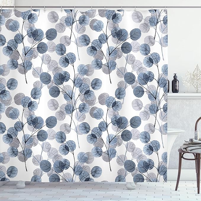 Ambesonne Nature Shower Curtain, Soft Colored Bay Leaf Watercolor Branches Growth Essence Image Print, Cloth Fabric Bathroom Decor Set with Hooks, 69" W x 75" L, Slate Blue