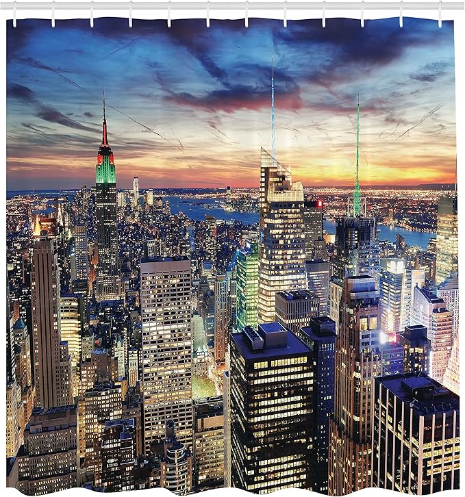 Ambesonne New York Shower Curtain, Skyline of NYC Urban Skyscrapers at Sunset Dawn Streets USA Architecture, Cloth Fabric Bathroom Decor Set with Hooks, 69" W x 75" L, Orange Blue