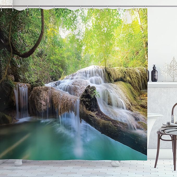 Ambesonne Waterfall Shower Curtain, Landscape with Flowing Water of Erawan Cascade in Rain Forest, Cloth Fabric Bathroom Decor Set with Hooks, 69" W x 75" L, Green Turquoise