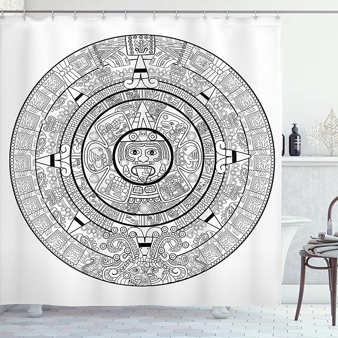Ambesonne Mesoamerican Shower Curtain, Maya Calendar Accurate Antiquities Astrological Aztec Geometric Indigenous, Cloth Fabric Bathroom Decor Set with Hooks, 69" W x 70" L, Ivory Black