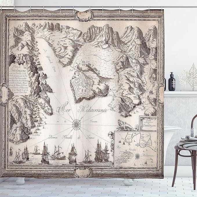 Ambesonne Map Print Shower Curtain, Old Map Warships Countries Kingdoms Locations Geographical Art Retro Design, Cloth Fabric Bathroom Decor Set with Hooks, 69" W x 75" L, Beige and Brown