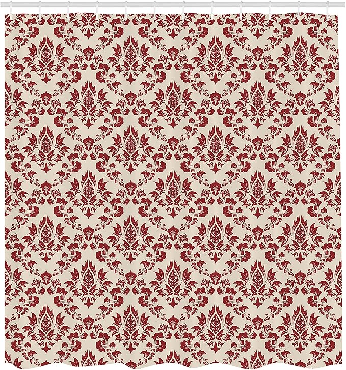 Ambesonne Damask Shower Curtain, Damask Illustration with Abstract Flower Blossoming Pattern Antique, Cloth Fabric Bathroom Decor Set with Hooks, 69" W x 70" L, Burgundy