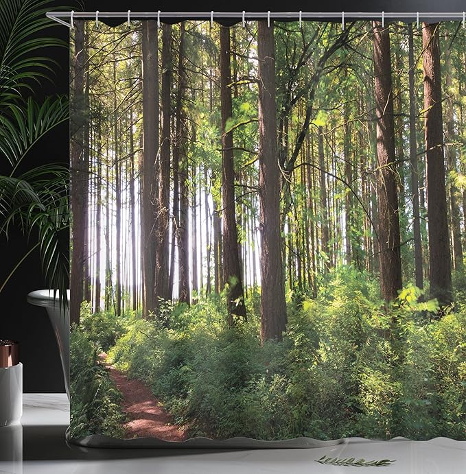 Ambesonne Forest Shower Curtain, Pathway in a Shady Forest of Bushes and Thick Trunks Grass Unique Wild Life Scenery, Cloth Fabric Bathroom Decor Set with Hooks, 69" W x 84" L, Green Brown
