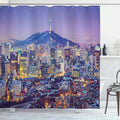 Ambesonne Modern Shower Curtain, Skyline of Seou South Korea Cityscape with Buildings Skyscrapers Urban View at Night, Cloth Fabric Bathroom Decor Set with Hooks, 69" W x 70" L, Indigo