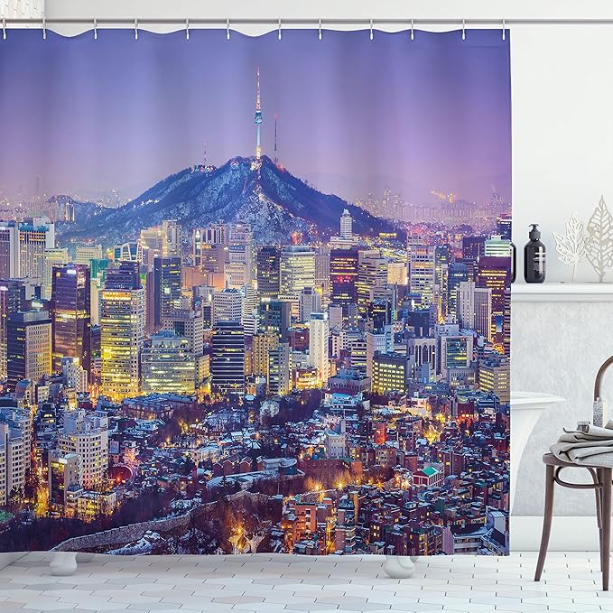 Ambesonne Modern Shower Curtain, Skyline of Seou South Korea Cityscape with Buildings Skyscrapers Urban View at Night, Cloth Fabric Bathroom Decor Set with Hooks, 69" W x 70" L, Indigo