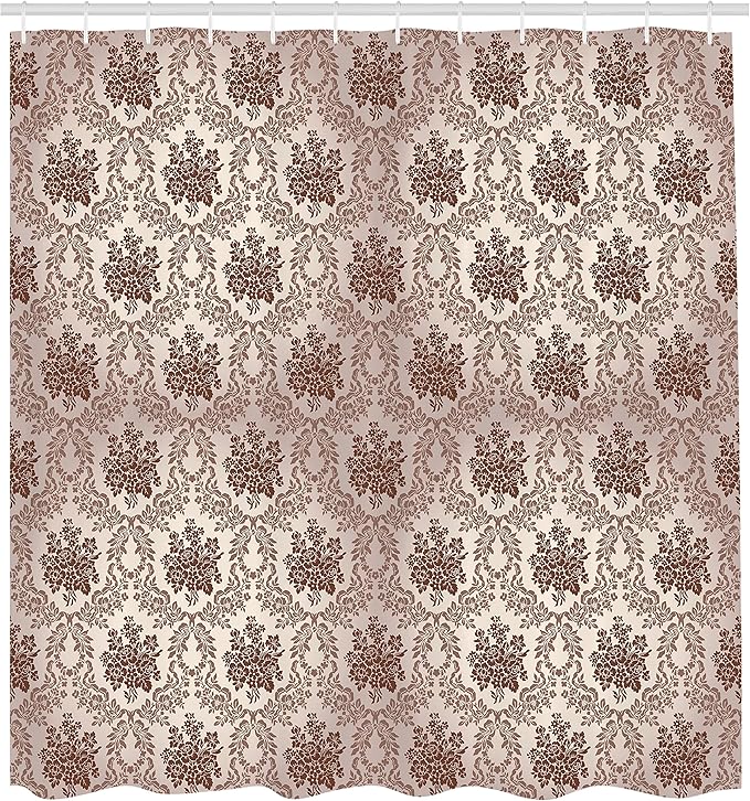 Ambesonne Damask Shower Curtain, Vintage Style Floral Pattern Abstract Romantic Bouquet Greenery Art Print, Cloth Fabric Bathroom Decor Set with Hooks, 69" W x 70" L, Warm Taupe