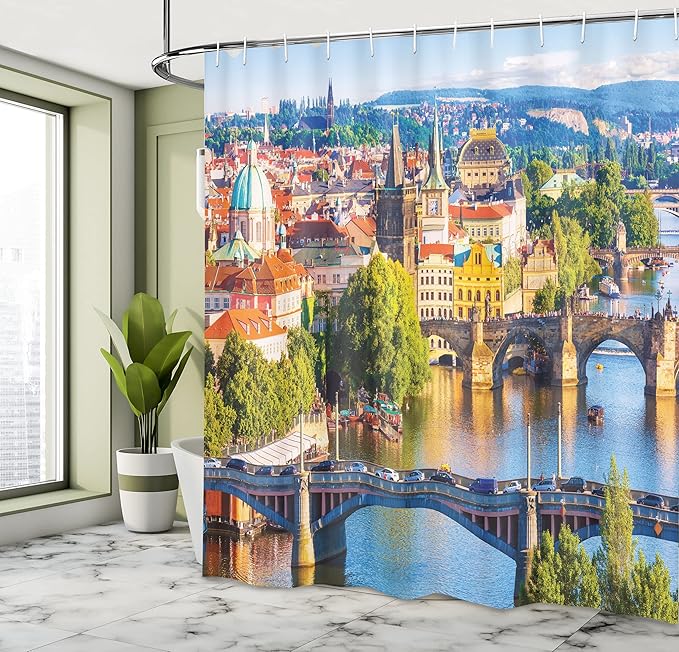 Ambesonne Scenery Shower Curtain, Scenic Summer Old Town Charles Bridge Over Vltava River in Prague Czech Republic, Cloth Fabric Bathroom Decor Set with Hooks, 69" W x 70" L, Multicolor