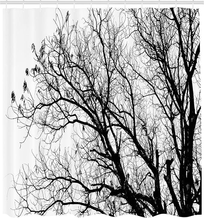 Ambesonne Nature Shower Curtain, Leafless Autumn Fall Tree Branches Tops Oak Forest Woodland Season Eco Theme, Cloth Fabric Bathroom Decor Set with Hooks, 69" W x 75" L, Charcoal Grey White