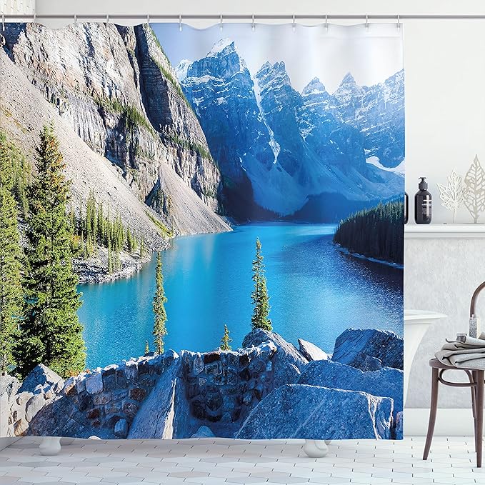 Ambesonne Nature Shower Curtain, Moraine Lake Banff National Park of Canada with Mountains and Pines Valley of The 10 Peaks Artwork, Cloth Fabric Bathroom Set with Hooks, 69" W x 75" L, Green Grey