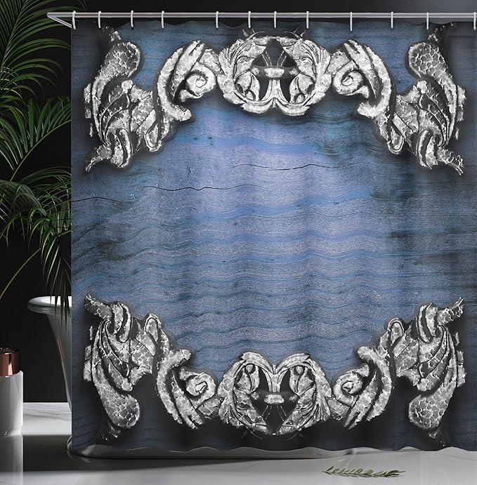 Ambesonne Victorian Shower Curtain, Iron Ornament on Wooden Britain Gothic Revival Art Peace Print, Cloth Fabric Bathroom Decor Set with Hooks, 69" W x 70" L, Dark Blue Grey