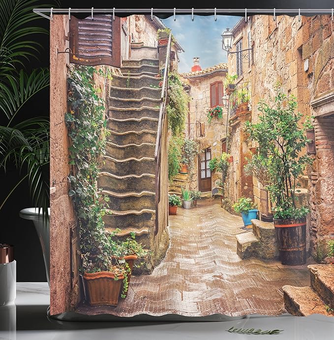 Ambesonne Italian Shower Curtain, View of Old Mediterranean Street Stone Rock Houses in Italy City Rural Print, Cloth Fabric Bathroom Decor Set with Hooks, 69" W x 70" L, Camel Hunter Green