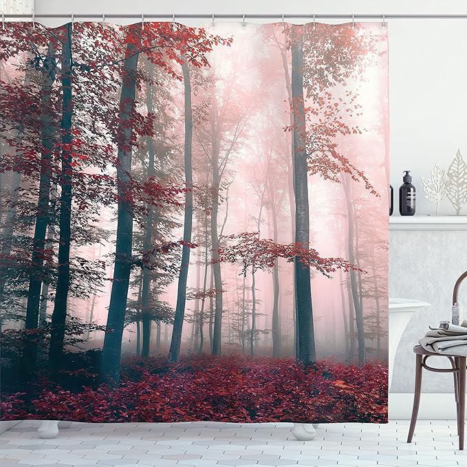 Ambesonne Forest Shower Curtain, Autumn Season Mystic Foggy Fall Nature and Enchanted Woods Wild Trees Print, Cloth Fabric Bathroom Decor Set with Hooks, 69" W x 70" L, Brown Grey and Red