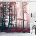 Ambesonne Forest Shower Curtain, Autumn Season Mystic Foggy Fall Nature and Enchanted Woods Wild Trees Print, Cloth Fabric Bathroom Decor Set with Hooks, 69" W x 70" L, Brown Grey and Red