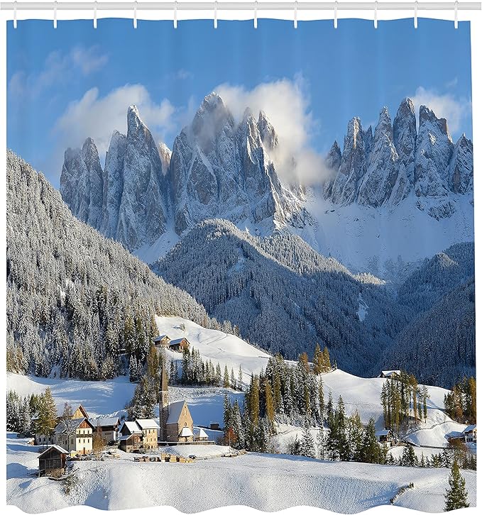 Ambesonne Mountain Shower Curtain, Mountain Village Scenery in Winter with Snow Peaks Northern Zone Spot Alps, Cloth Fabric Bathroom Decor Set with Hooks, 69" W x 70" L, White Green