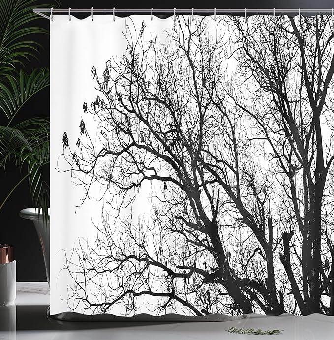 Ambesonne Nature Shower Curtain, Leafless Autumn Fall Tree Branches Tops Oak Forest Woodland Season Eco Theme, Cloth Fabric Bathroom Decor Set with Hooks, 69" W x 75" L, Charcoal Grey White