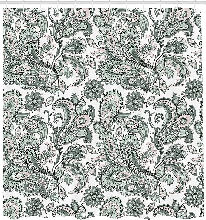 Ambesonne Paisley Shower Curtain, Ethnic Swirly Flowers Leaves Floral Pattern Bohemian Style Country Print, Cloth Fabric Bathroom Decor Set with Hooks, 69" W x 70" L, Laurel Green Blush