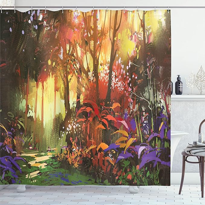 Ambesonne Fantasy Shower Curtain, Enchanted Forest Scenery with Sun Rays and Vibrant Leaves Ferns Woodland Design, Cloth Fabric Bathroom Decor Set with Hooks, 69" W x 70" L, Purple Burgundy