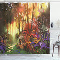 Ambesonne Fantasy Shower Curtain, Enchanted Forest Scenery with Sun Rays and Vibrant Leaves Ferns Woodland Design, Cloth Fabric Bathroom Decor Set with Hooks, 69" W x 70" L, Purple Burgundy