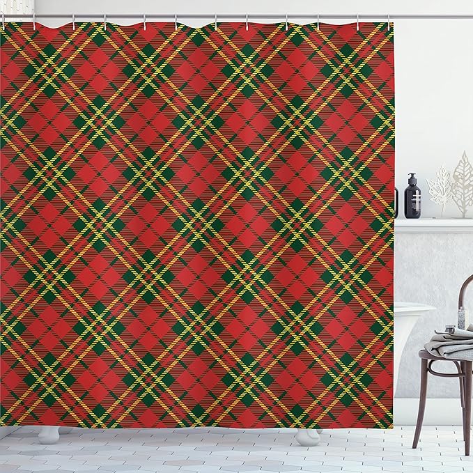 Ambesonne Checkered Shower Curtain, Irish Tartan Plaid Motifs in Christmas Colors Geometrical Stripes, Cloth Fabric Bathroom Decor Set with Hooks, 69" W x 84" L, Emerald Vermilion