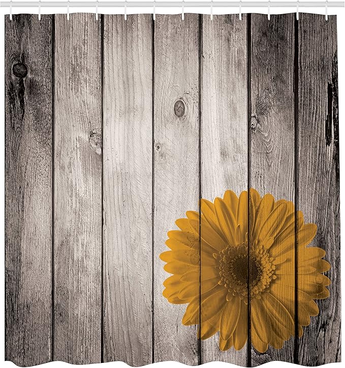 Ambesonne Rustic Shower Curtain, Flower Red Dahlia on Foreground of Murky Featured Dated Wooden Board Retro Art Print, Cloth Fabric Bathroom Decor Set with Hooks, 69" W x 75" L, Pale Sepia