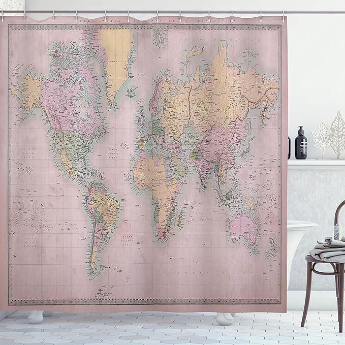 Ambesonne World Map Shower Curtain, Nostalgic Old Hand Colored Look Atlas of The Earth Anthique Chart for Old Emperors Artwork, Cloth Fabric Bathroom Decor Set with Hooks, 69" W x 75" L, Pale Yellow