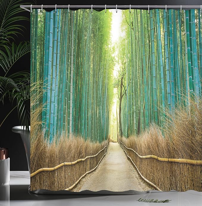 Ambesonne Forest Shower Curtain, Panoramic Photography of Historic Landscape Park in Japan Print Romance, Cloth Fabric Bathroom Decor Set with Hooks, 69" W x 70" L, Brown Turquoise
