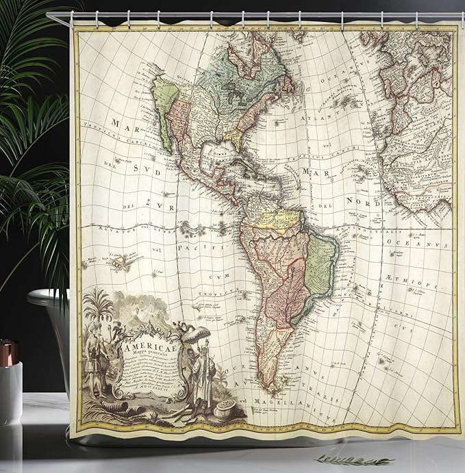 Ambesonne giftwrapShower Curtain, Old Map Europe North South America Canada Medieval Atlantic Heritage Travel, Cloth Fabric Bathroom Decor Set with Hooks, 69" W x 84" L, Ivory Olive
