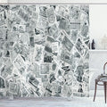 Ambesonne Modern Shower Curtain, Vintage Black and White Image of Large World Postage Stamps Travel Hobby Theme Artwork, Cloth Fabric Bathroom Decor Set with Hooks, 69" W x 70" L, Grey