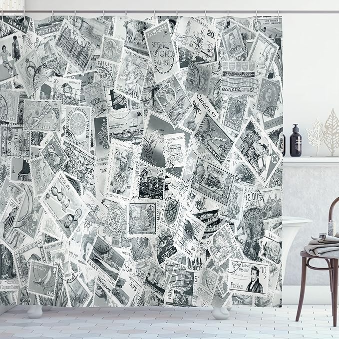 Ambesonne Modern Shower Curtain, Vintage Black and White Image of Large World Postage Stamps Travel Hobby Theme Artwork, Cloth Fabric Bathroom Decor Set with Hooks, 69" W x 70" L, Grey