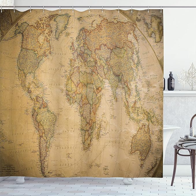 Ambesonne World Map Shower Curtain, Anthique Old World Map in Retro Colors Vintage Nostalgic Design Art Print, Cloth Fabric Bathroom Decor Set with Hooks, 69" W x 70" L, Coffee Cream