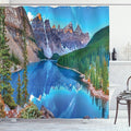 Ambesonne Landscape Shower Curtain, Moraine Lake at Morning Sunrise in The Banff National Park and Open Sky Colorful Reflection, Cloth Fabric Bathroom Decor Set with Hooks, 69" W x 70" L, Green Blue