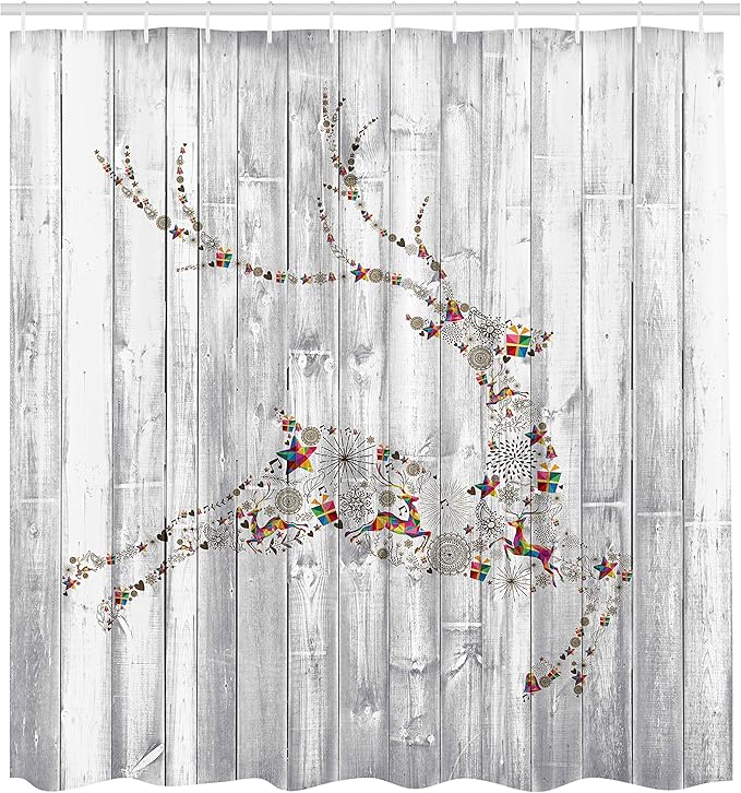 Ambesonne Deer Shower Curtain, Colorful Animal Silhouette Various Christmas Elements Wooden Planks Theme, Cloth Fabric Bathroom Decor Set with Hooks, 69" W x 70" L, Grey Multicolor