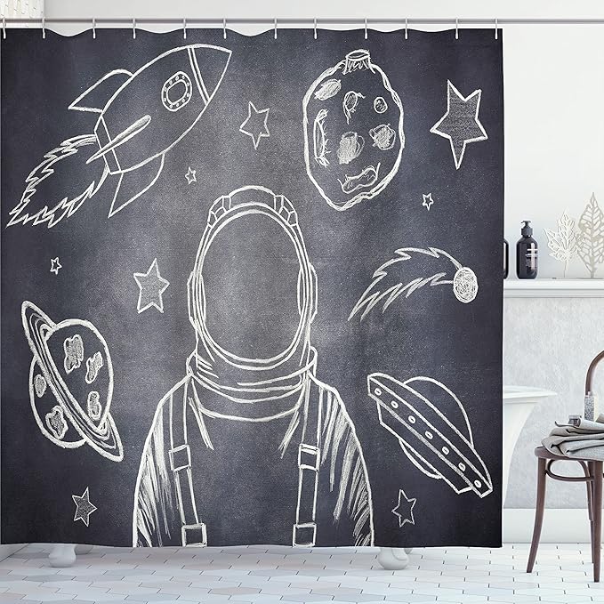 Ambesonne Modern Shower Curtain, Space Backdrop with Planets and Sketchy Astronaut Asteroids in The Galaxy an Image of an Illustration, Cloth Fabric Bathroom Set with Hooks, 69" W x 70" L, Grey Blue