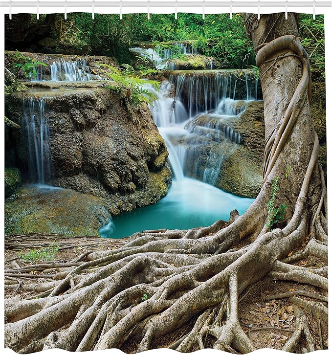 Ambesonne Waterfall Shower Curtain, Aged Tree Roots and Waterfall Landscape in Deep Forest Novelty on Earth, Cloth Fabric Bathroom Decor Set with Hooks, 69" W x 70" L, Blue Green Brown