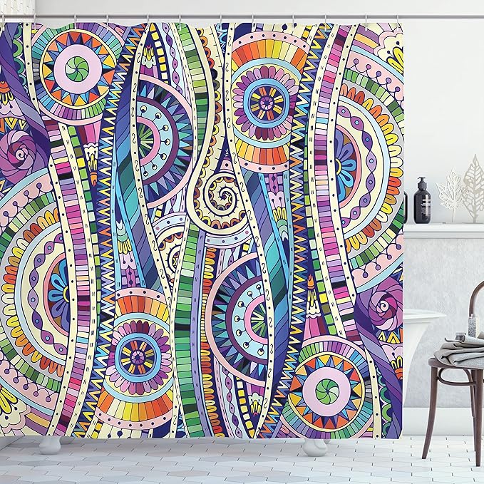 Ambesonne Floral Shower Curtain, Geometric Mosaic Style Colorful Illustration Flower Pattern Ornamental Doodle Art, Cloth Fabric Bathroom Decor Set with Hooks, 69" W x 70" L, Purple Green