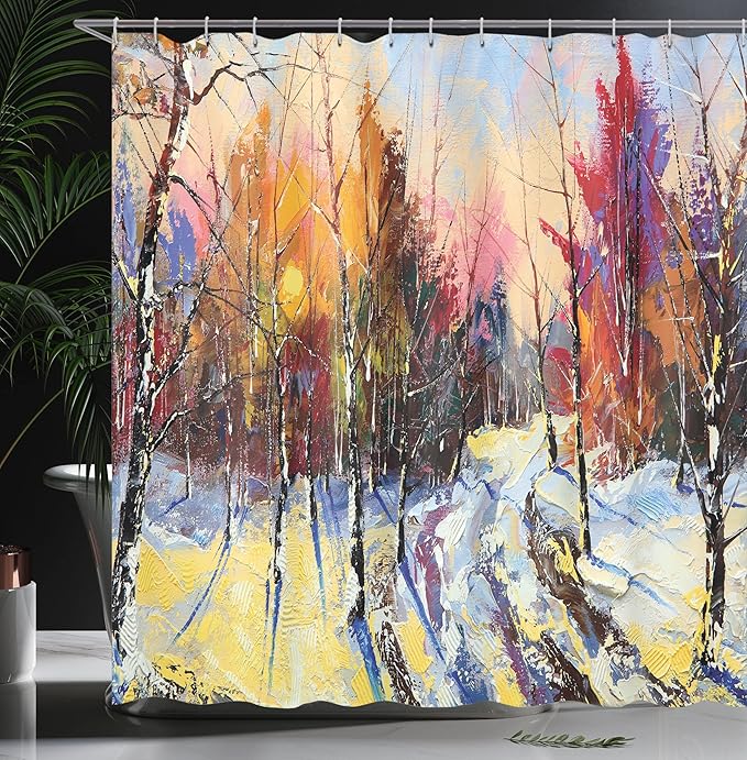 Ambesonne Country Shower Curtain, Pastel Color Paint of Sunset in Old Town Winter Pastoral Countryside Landscape, Cloth Fabric Bathroom Decor Set with Hooks, 69" W x 70" L, Pastel Yellow