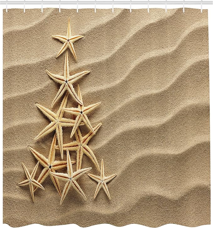 Ambesonne Starfish Shower Curtain, Christmas Tree from Shells on The Sand Maritime Summer Coast Holiday Vacation, Cloth Fabric Bathroom Decor Set with Hooks, 69" W x 70" L, Beige