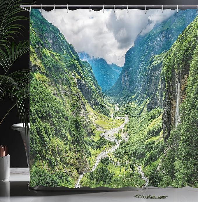 Ambesonne Landscape Shower Curtain, Valley Mountain Tree Mist Waterfall Canyon Alpine Landscape Nature Theme, Cloth Fabric Bathroom Decor Set with Hooks, 69" W x 70" L, Green White
