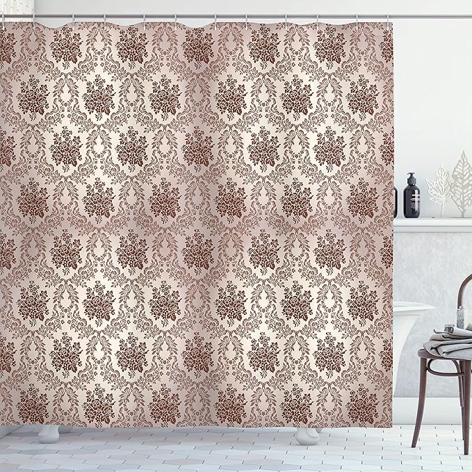 Ambesonne Damask Shower Curtain, Vintage Style Floral Pattern Abstract Romantic Bouquet Greenery Art Print, Cloth Fabric Bathroom Decor Set with Hooks, 69" W x 70" L, Warm Taupe