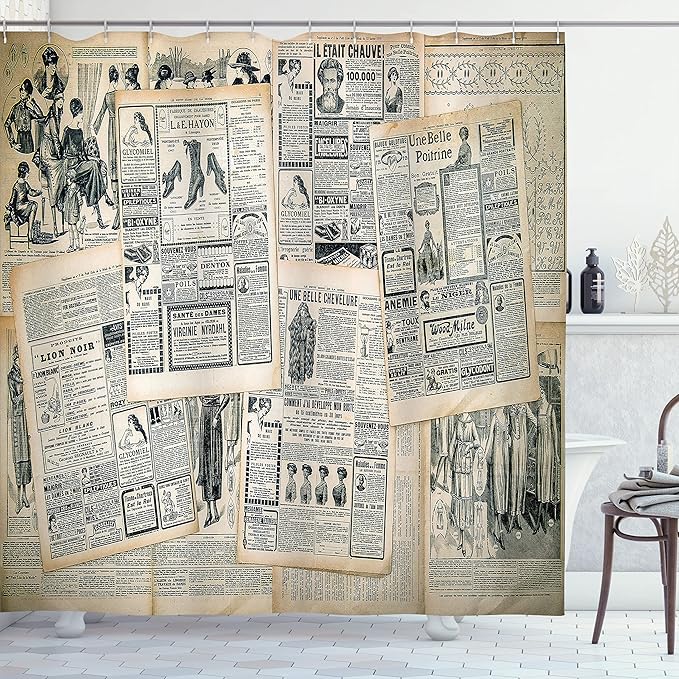 Ambesonne Antique Shower Curtain, Vintage Style Sepia Toned Newspapers Print and Old Fashioned Nostalgic Themed Illustrations, Cloth Fabric Bathroom Decor Set with Hooks, 69" W x 84" L, Green Beige