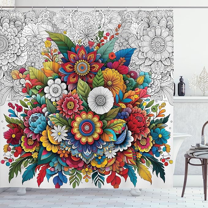 Ambesonne Modern Shower Curtain, Oriental Boho Design Psychedelic Aura Floral Jumble with Outline Details, Cloth Fabric Bathroom Decor Set with Hooks, 69" W x 75" L, White Grey Multicolor